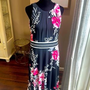 London Times black and pink dress, handkerchief hem, size 10.